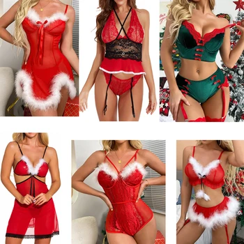 NEW Plush Women's Sexy Santa Christmas Lingerie Set Babydoll Lace Chemises Sleepwear