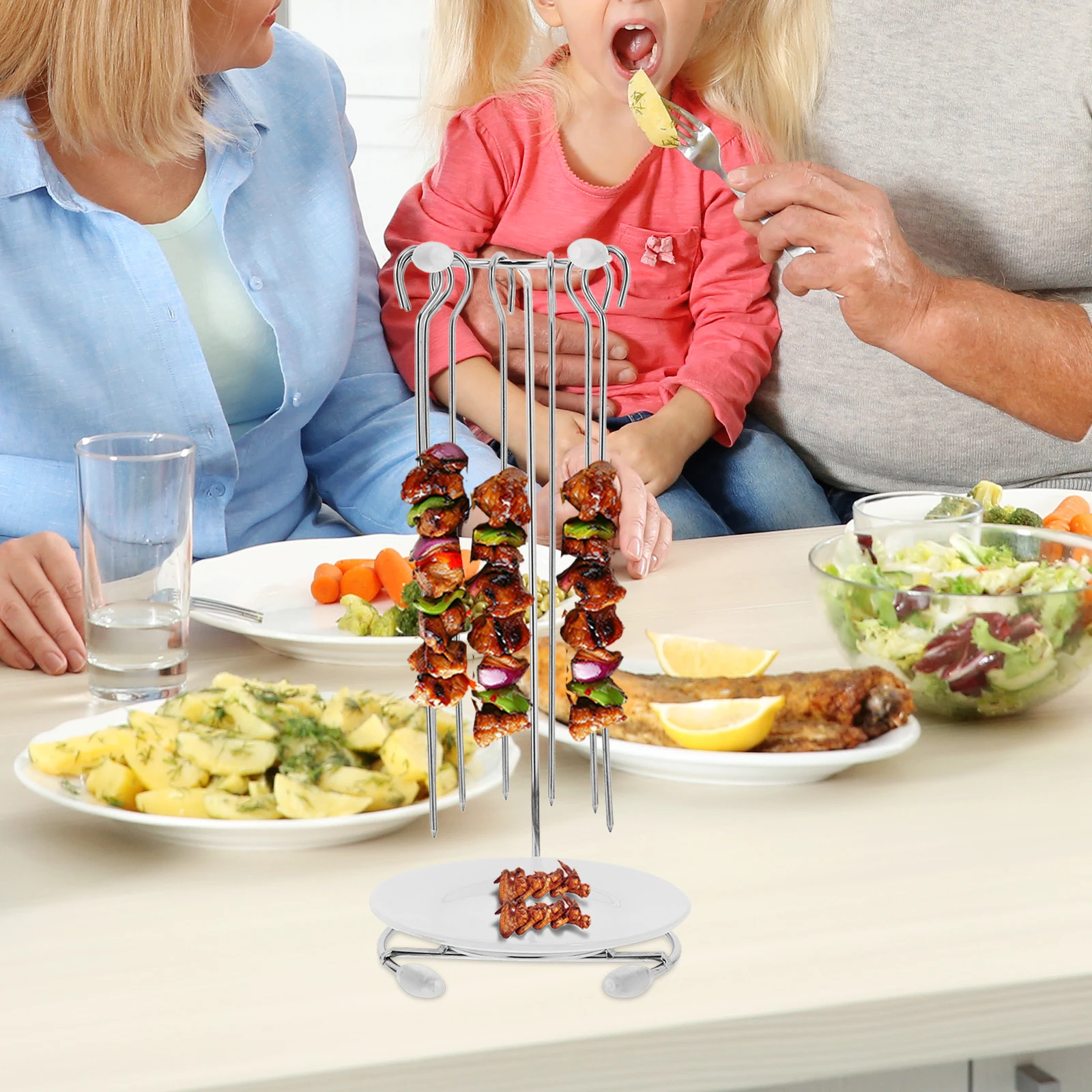 

1Set Kebab Skewer Stand Stainless Steel Bbq Rack Grilling Food Holder Secure Skewer Hanger for Meat Vegetables Easy Clean