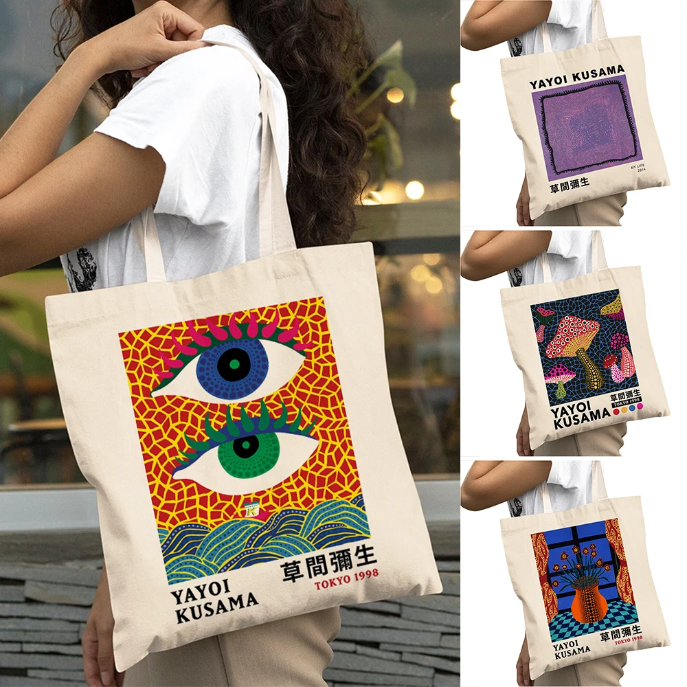

Big Capacity Yayoi Kusama Pumpkin Mushroom Lady Shopping Bags Double Print Shopper Bag Women Shoulder Tote Daily Use Handbag