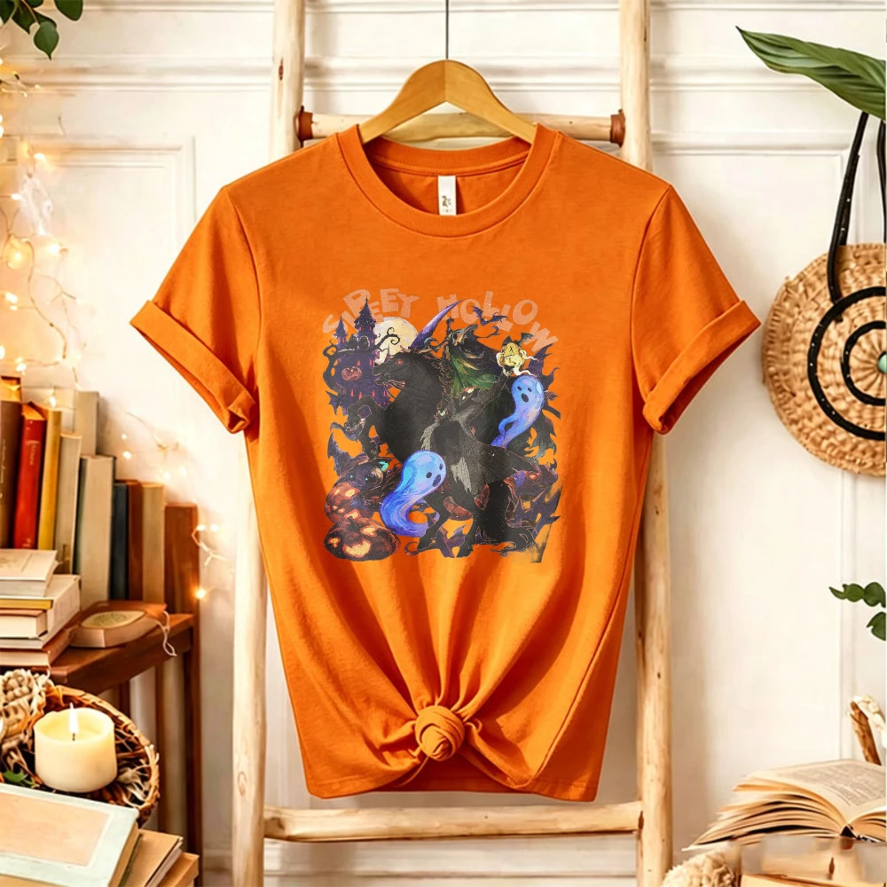 Creepy Hollow Halloween T‑Shirt Headless Horseman Ghost Pumpkin Haunted House Full Moon Spooky Dark Distressed Fall Horror Tops