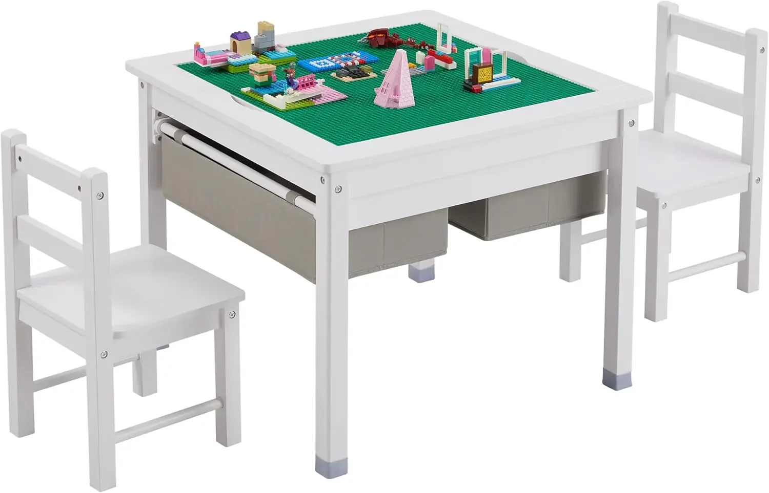 3 in 1 Kids Table and 2 Chairs Set with Storage Drawers, Toddler Construction Play Table with Detachable Blocks and Blackboard