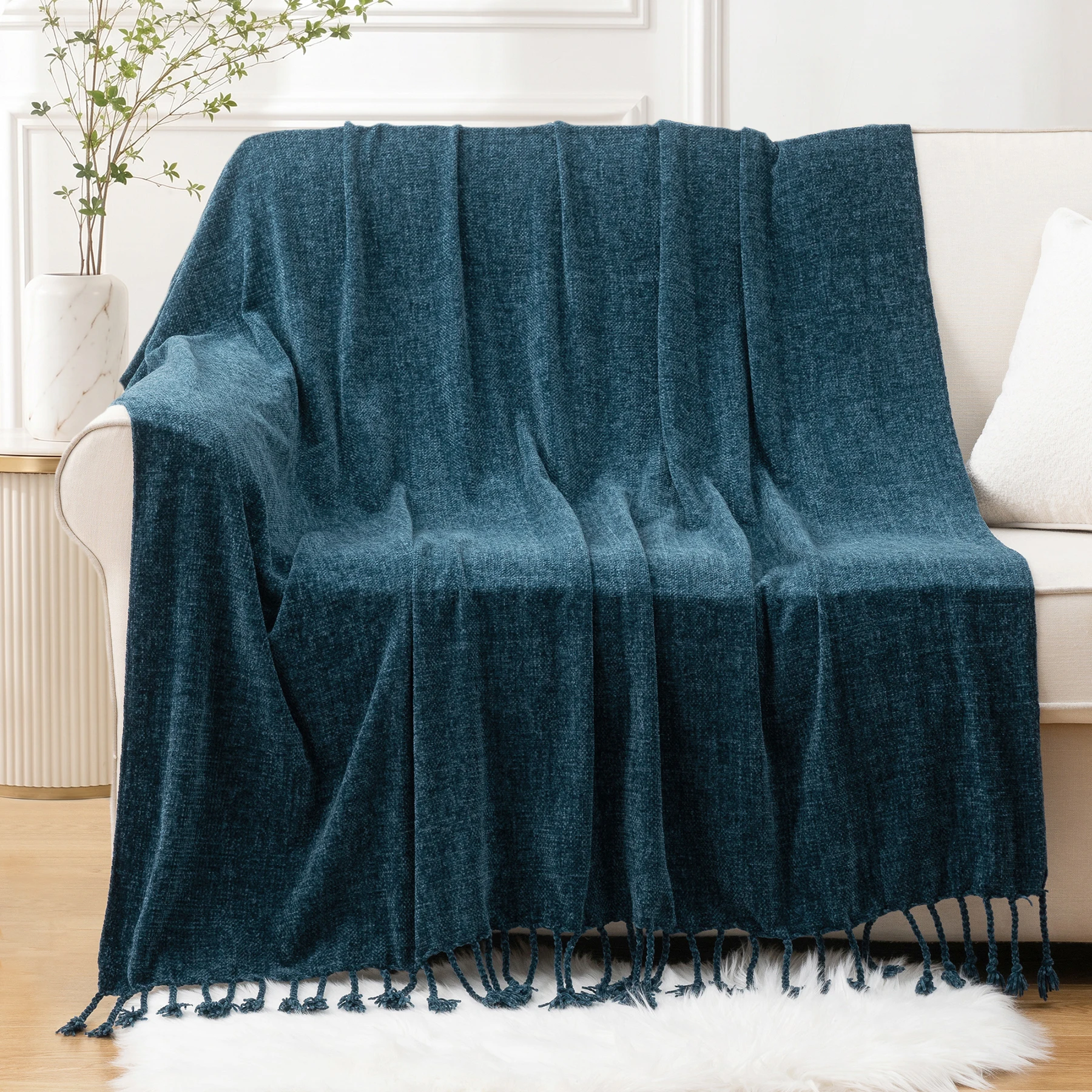 Battilo Chenille Throw Blanket With Fringe Tassels Decorative Lightweight Sofa Blanket Soft Cozy Knit Throws for Spring Decor