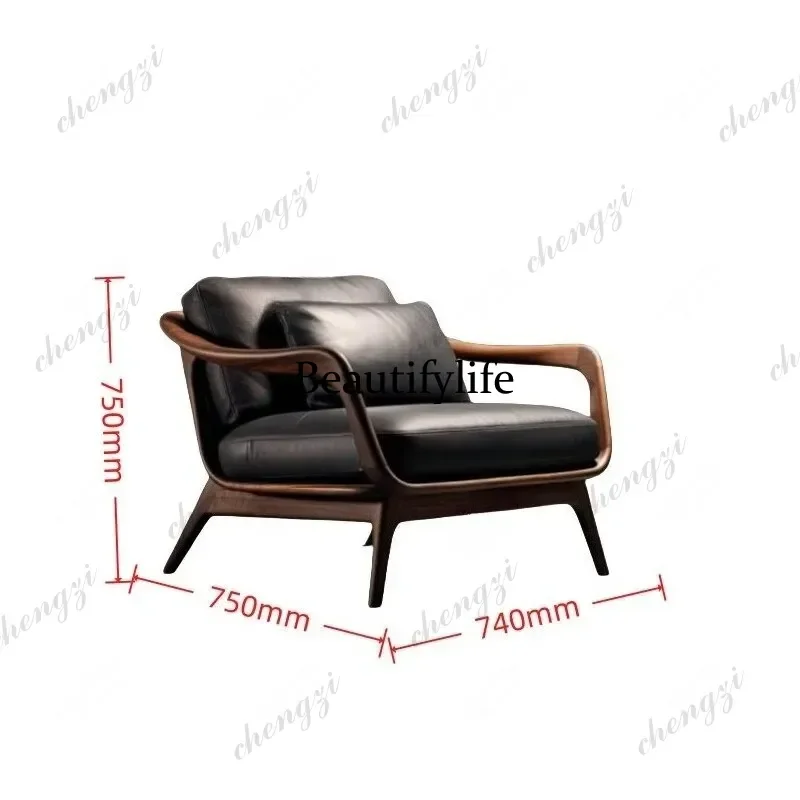 Italian North American Black Walnut Leather Sofa Chair Modern Simplicity