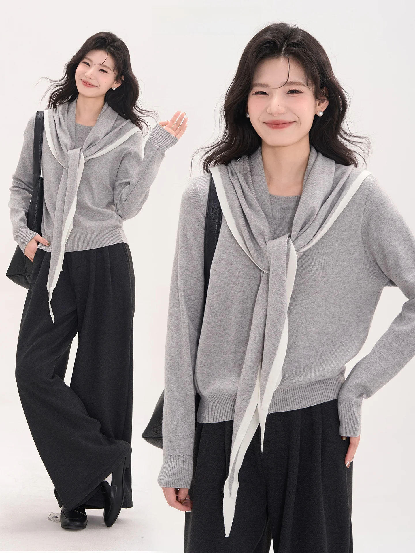 

Свободный вязаный топ с длинными рукавами и круглым вырезом, с шарфом-накидкой на плечах, женский, осенний, повседневный, из смесового полиэстера