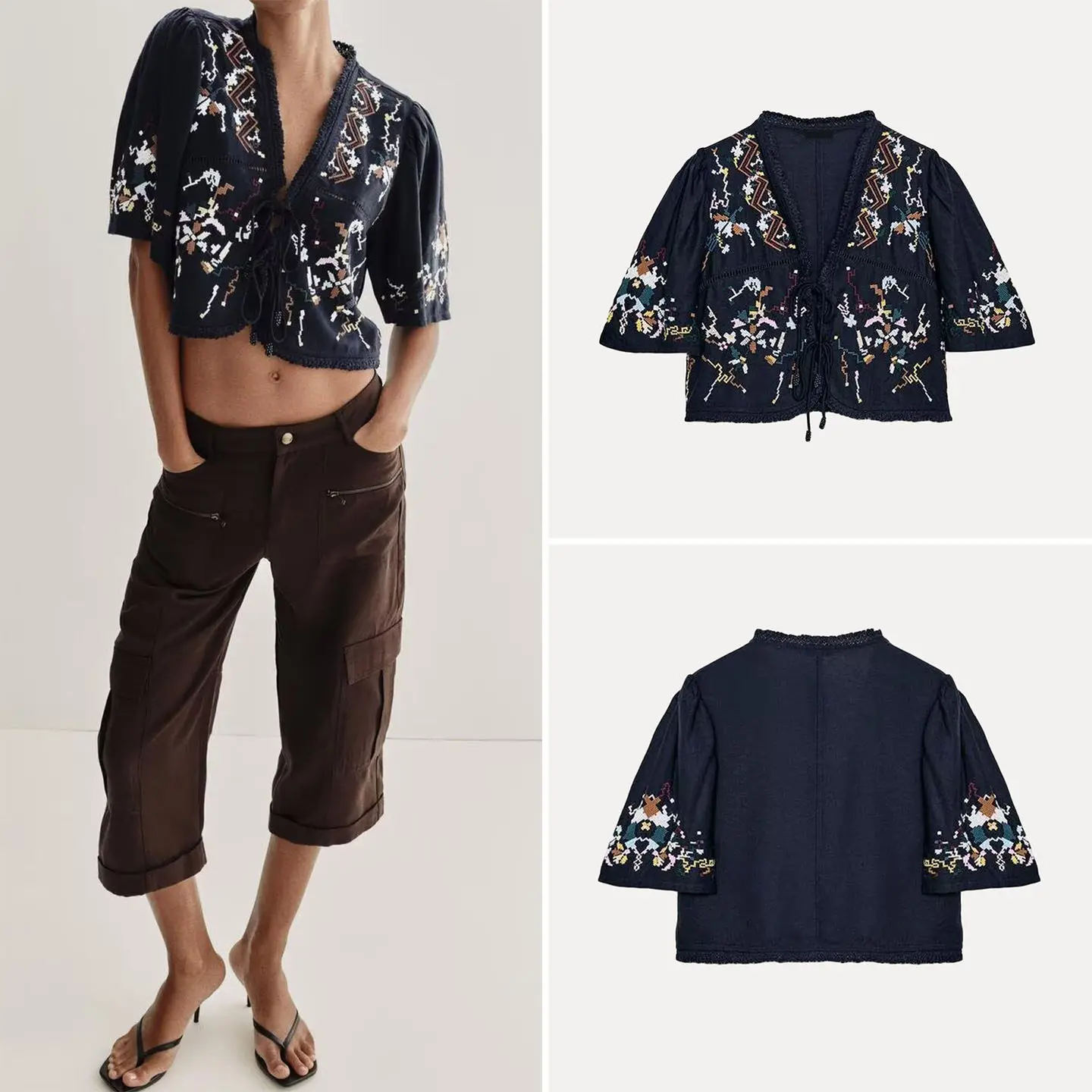 

Faionable V-ne Embroidered Belted Flower ort Top Women's Clothing Spring 2026 Casual Loose Fit Five-quarter Sve