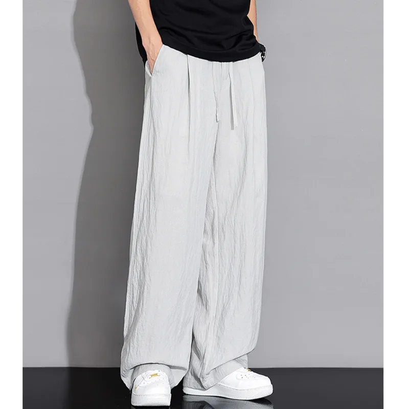 

Men's new summer fashion Korean version thin, loose, versatile, simple solid color straight leg wide leg ice silk casual pants