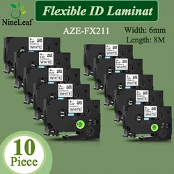 10PK Flexible ID Laminat Compatible Brother TZE-FX211 6mm Label Tape Black on White Cartridge For P-Touch Label Printer PT-1000