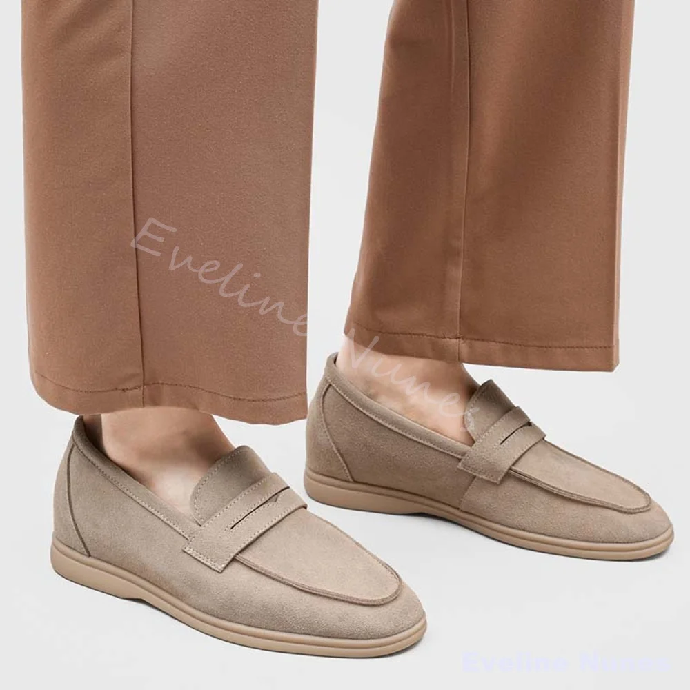 Beige Suede Slip On Loafers Men Round Toe Flat Low-top Hidden-wedge Casual Shoes Vintage Minimalist Office Street Daily Loafers