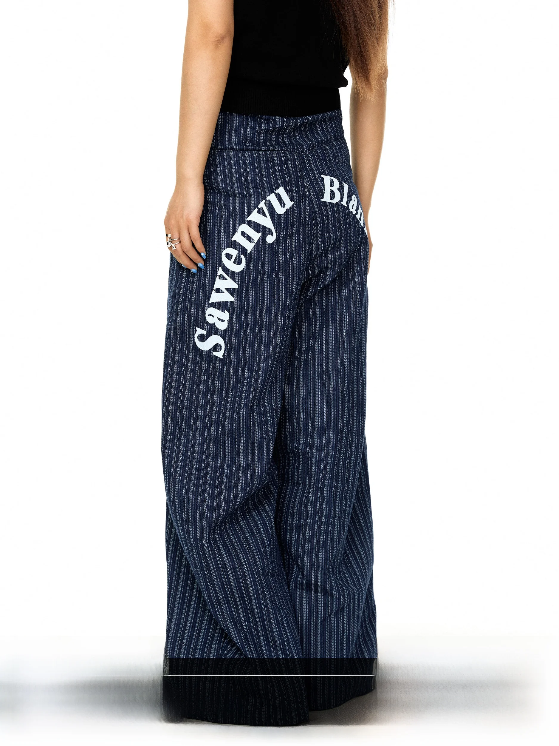 

Blackbb American Retro Washed Striped Pocket Suit Pants Women's Letter Print Loose Straight Casual Pants High Waist Cotton Blend