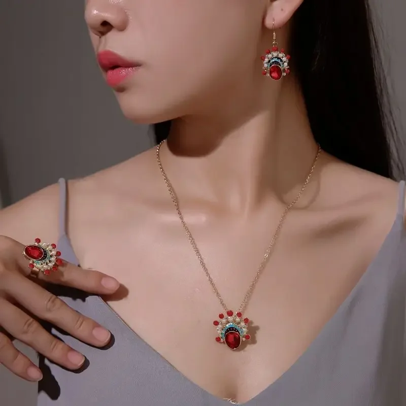 New Forbidden City Chinese Style Fashionable Face Earrings Necklace Ring Opera Hua Dan Bride Peking Opera Earrings Jewelry Sets