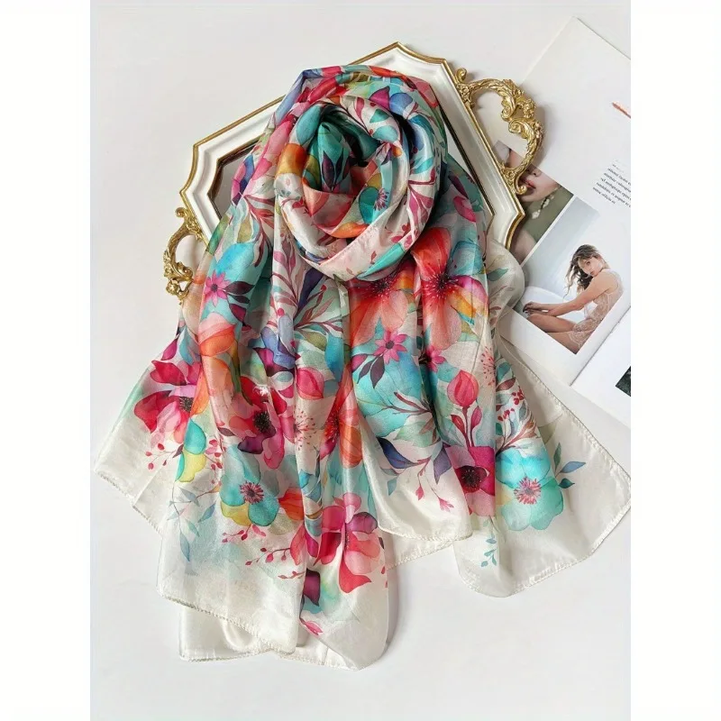 

Lightweight 100% Mulberry Silk Scarf for Women Oblong Shawl Neck Scarf Beach Wrap Headscarf Gift Pack Multicolor Floral Print
