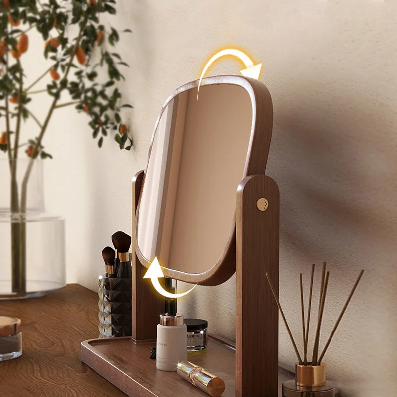 Madeira maciça 360 °   Espelho de vaidade giratório com armazenamento - Espelho de penteadeira de mesa vintage para quarto de meninas, espelho de maquiagem clássico