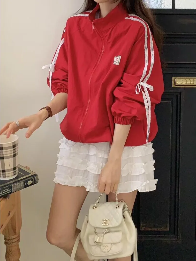 Chic Fashionable Floral Trim Belted Design Windbreaker Sun Protection Outerwear Spring Autumn Winter Women's Korean Style Swe...