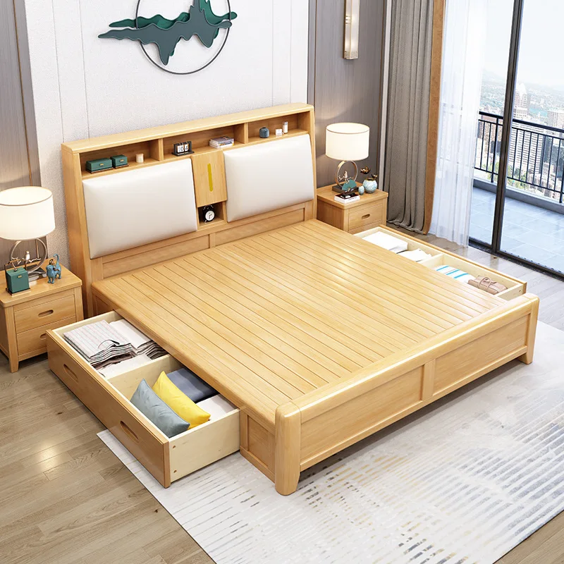 

Nordic solid wood bed modern simple bedside storage with night light double bed 1.8 meters large bedroom