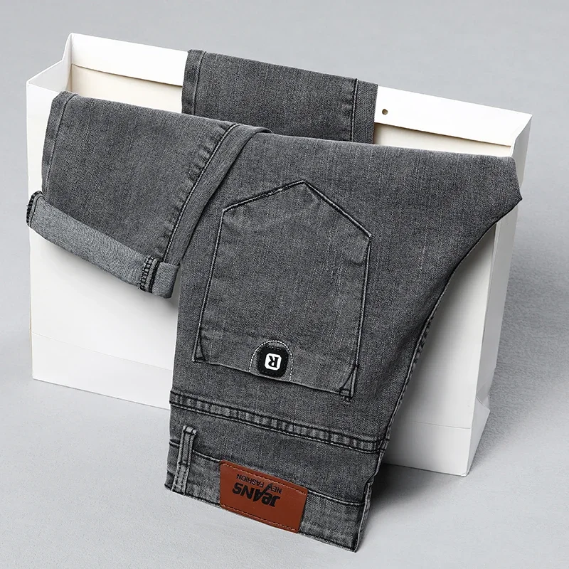 

2025 New Men's Slim Straight Jeans Classic Smoke Gray Skinny Cotton Stretch Denim Pants Versatile Fashion Korean Autumn Pants