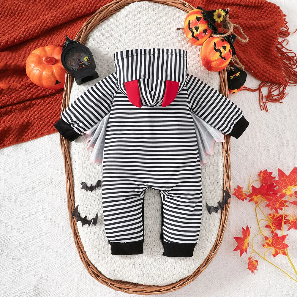 2024 Halloween Baby boy clothes Skull print Hooded Romper Bat Lmp stripe jumpsuit Toddler Baby Performance Costume