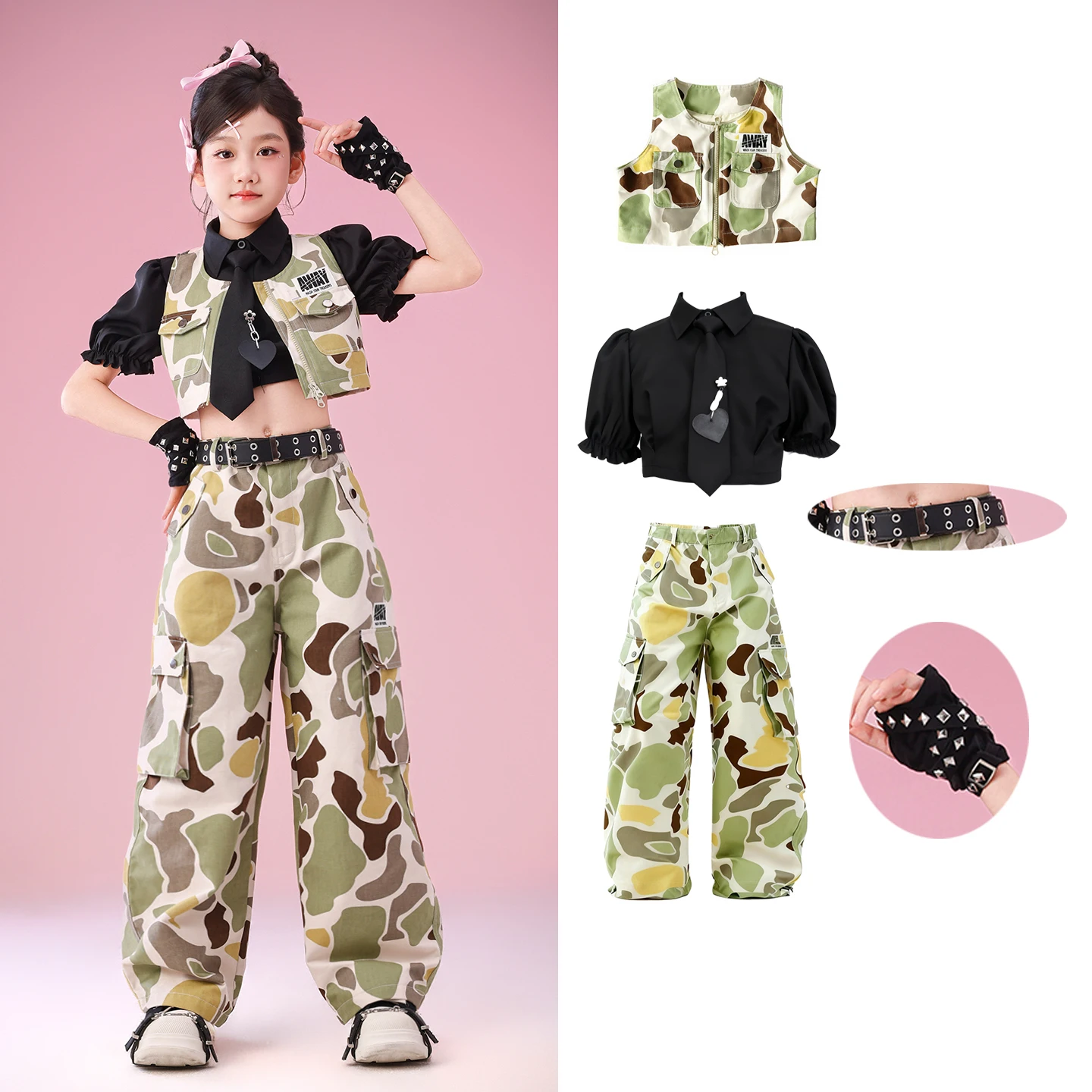 

Новинка 2023 года, современные костюмы для джазовых танцев для девочек, камуфляжный жилет, брюки в стиле хип-хоп, уличная одежда в стиле хип-хоп, одежда для рейва DQS21073