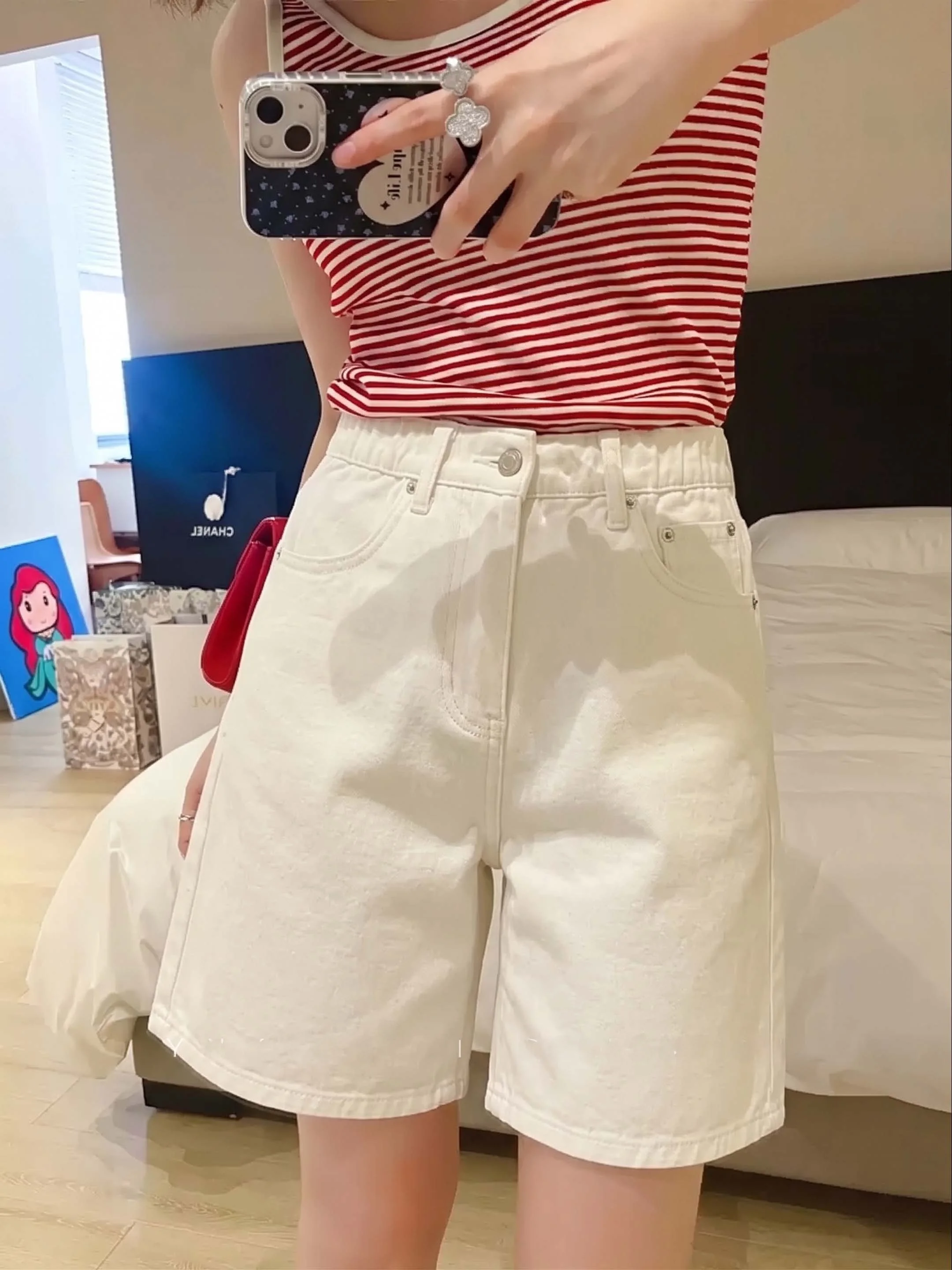 High Waist Elastic Denim Shorts Women's Summer New Style Casual White Slim A-Line Hot Pants Korean Version Wide Leg Jeans