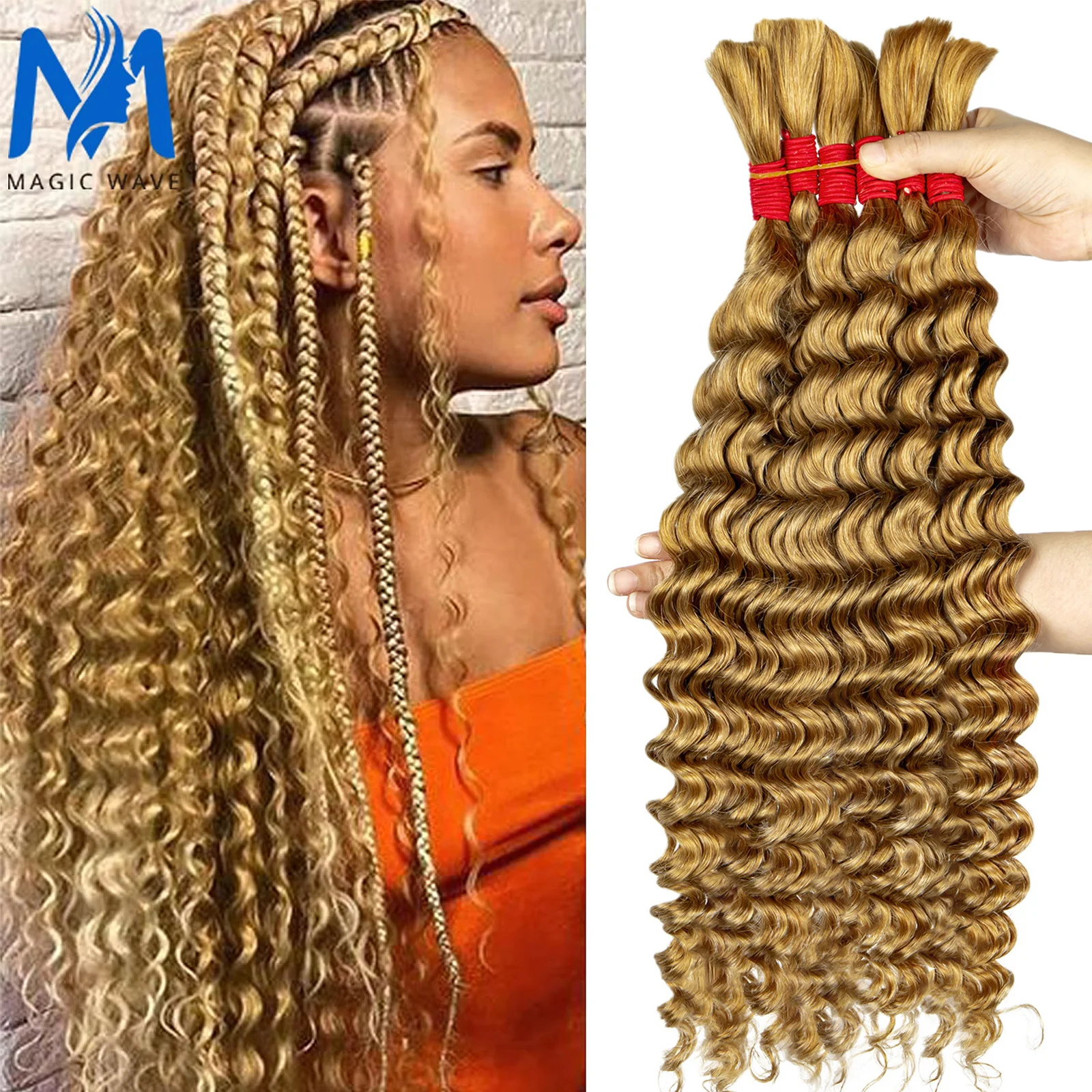 Braiding Hair Bulk for Boho Knotless Braids Bulk Deep Wave Micro Braiding Human Hair 27# Honey Blonde Deep Wave Human Hair Bulk