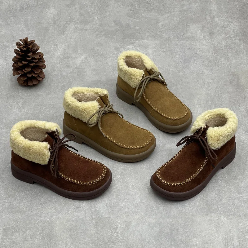 

GKTINOO Plush Warm Genuine Leather Short Boots 2025 Winter New Lace-up Low Heel Soft Cowhide Women's Cotton Shoes