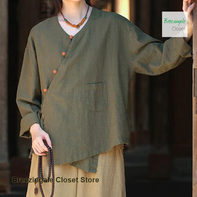 

Korean retro buckle top women's spring and autumn new literary Zen tea short cotton and linen casual Joker cardigan coat