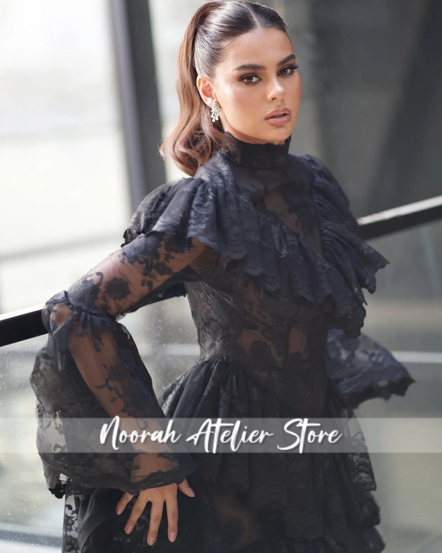 Chique preto renda mangas compridas alta n sereia babados vestido de noite feminino2025 sexy dubai ilusão vestido de festa personalizado