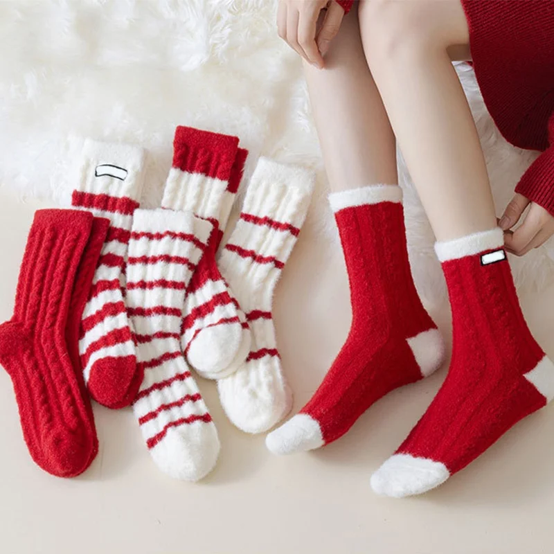 

1 Pair Christmas Coral Velvet Mid Tube Socks Happy Funny Red Striped Thicken Warm Socks Lovely Happy New Year Xmas Soxs