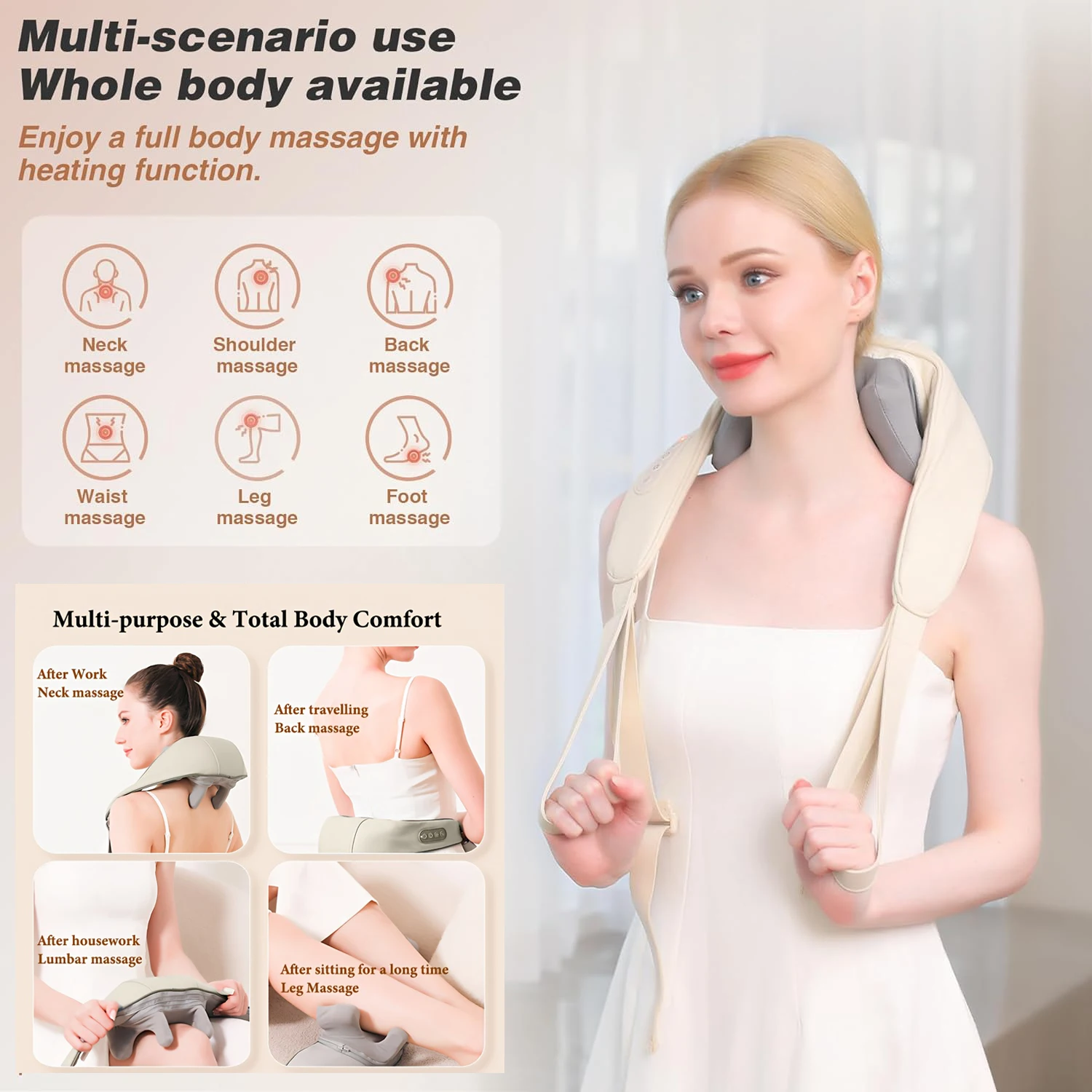 Massaggiatore per collo e spalle 6D, massaggiatore portatile per collo e spalle ricaricabile tramite USB, design ergonomico per schiena, gambe, spalle