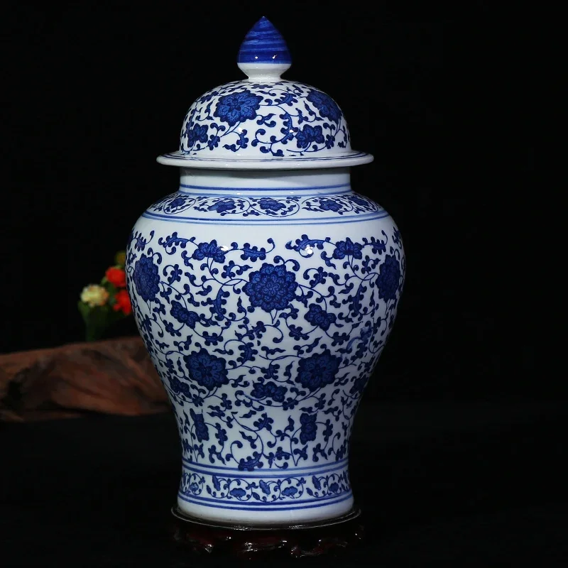 Chinese Blue and White Porcelain Floral Temple Jar Vase Dragon landscape Ceramic Ginger Jar with lid Oriental vases decoration