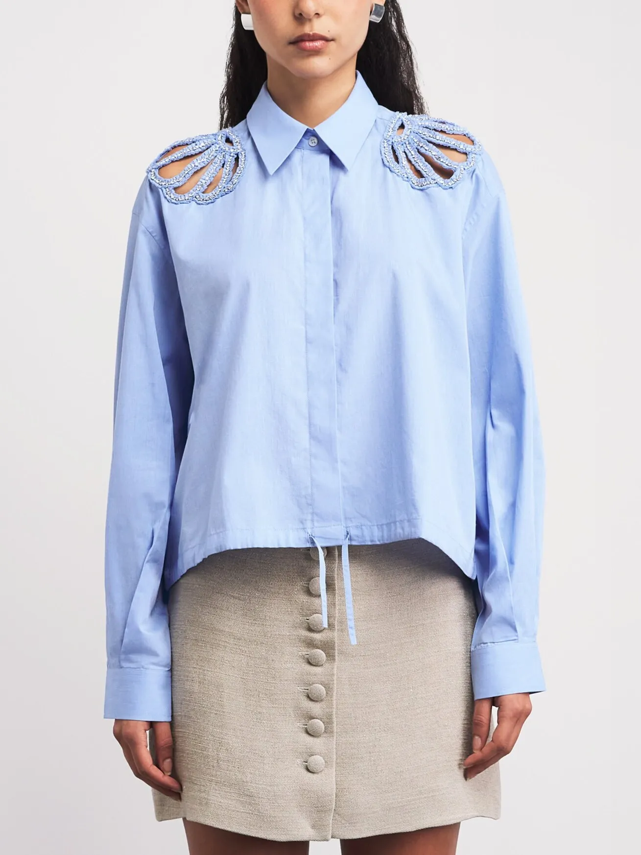 

British Style Neck Shirt Hollow out Embellished Diamond Lightweight Cotton Striped Women's Summer Fashion
