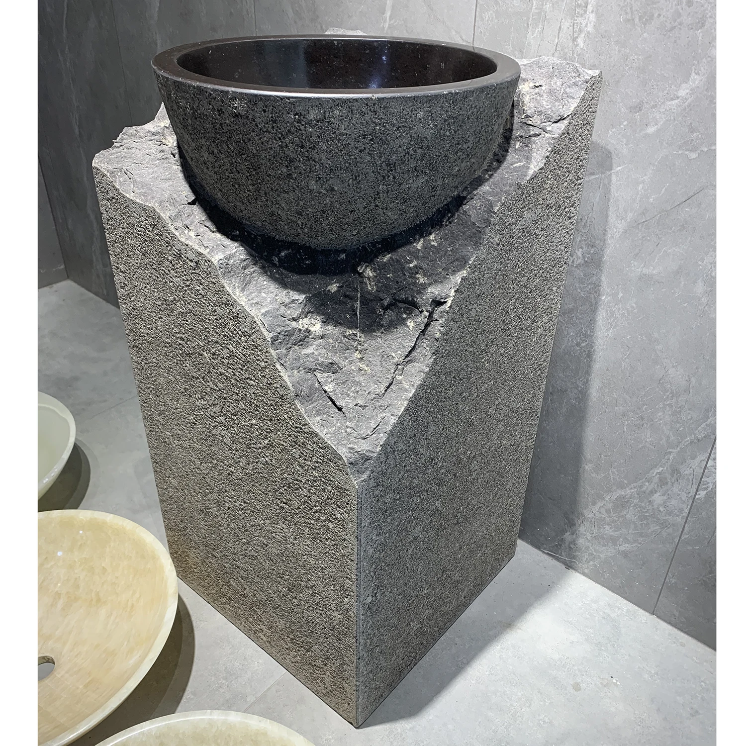 #￥Wholesale Custom Grey Marble Column Pedestal Sink Modern Natural Stone Standing Basin for Luxury Hotel Villa Bathroom
