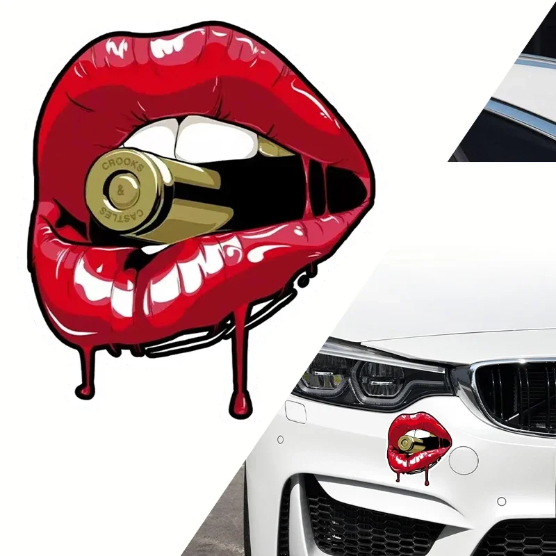 

Fashion Car Stickers Red Lips with Bullet Auto Decals for Window Fuel Tank Bumper Motorcycle Tank Racing Helmet Removable Decor