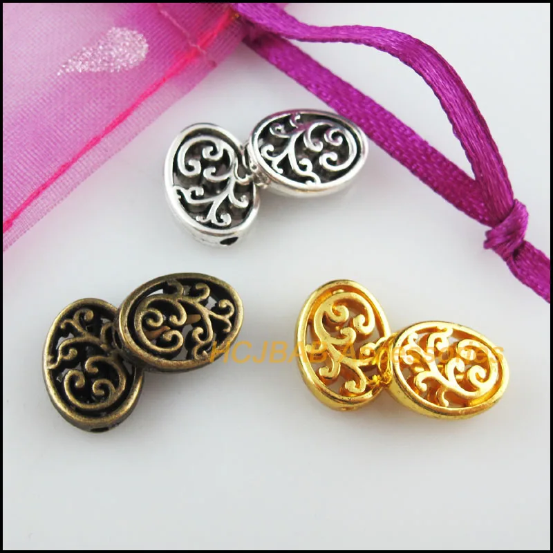 20Pcs Gold Bronze Tibetan Silver Tone Oval Flower Spacer Beads Charms 9.5x12.5mm