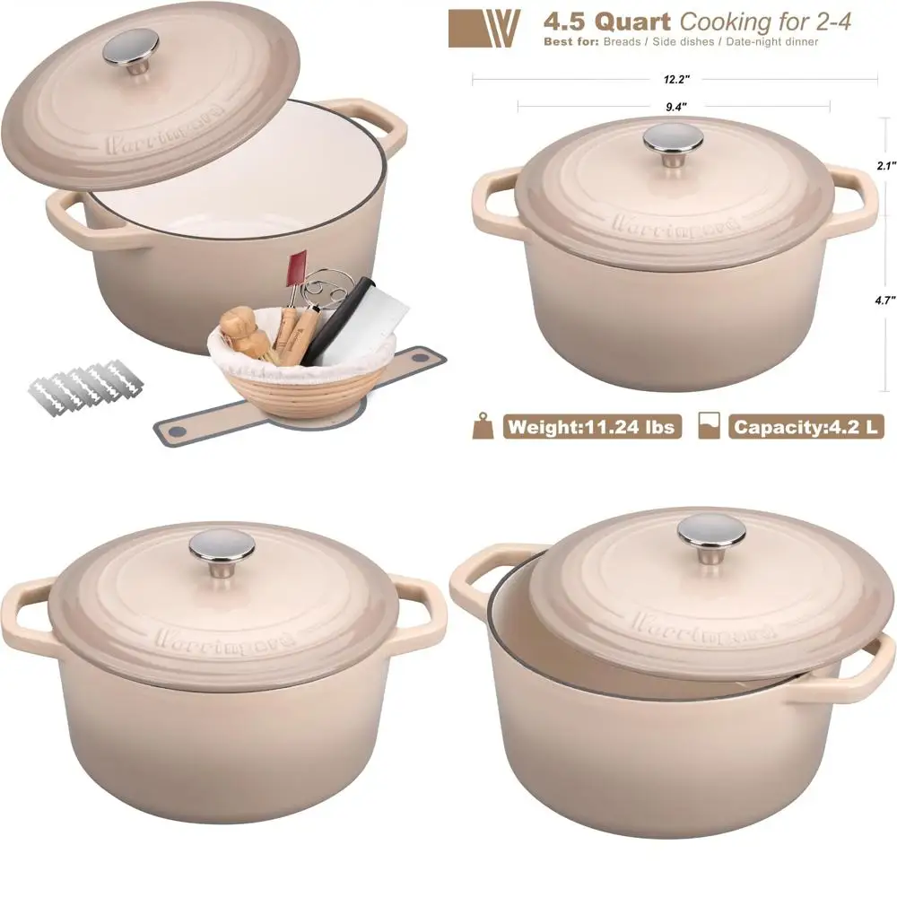 

Круглая эмалированная чугунная голландская духовка с крышкой для выпечки хлеба, 4,5 литра, включая набор принадлежностей для выпечки хлеба на закваске