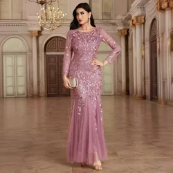 Plus Size Mermaid Formal Dresses O-Neck Long Sleeve Tulle Embroidery Party Gown Elegant Leaf Flower Dress Evening Luxury 2024