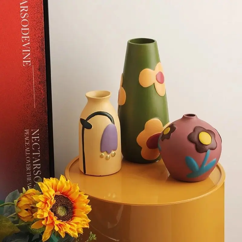 Nordic Creative Painted Morandi Ceramic Vase Dried Flower Ornament Home Porch Decoration TV Cabinet Decoration Flower Device