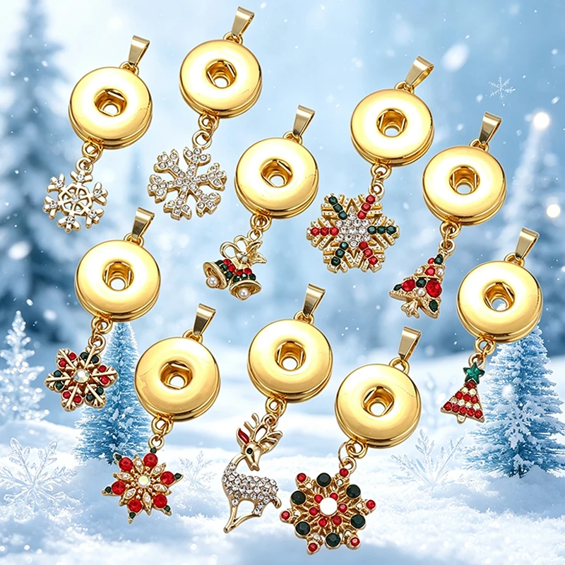 Rhinestone Christmas Snowflake Santa Claus 10pcs Mixed Snap Pendant Fit 12mm/18mm Snap Buttons DIY Snap Jewelry Christmas Gifts