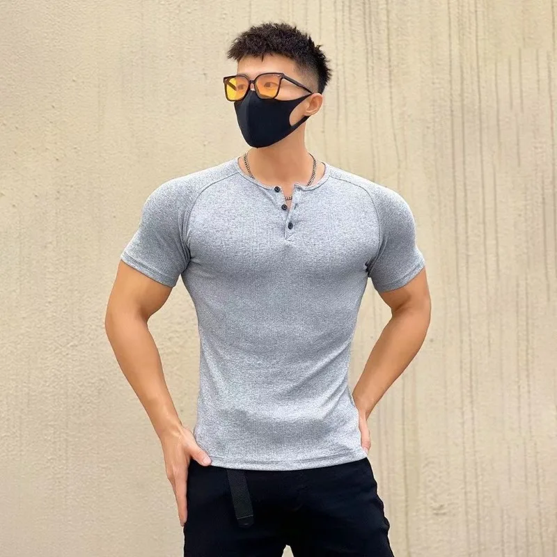 Men\'s T-shirt Summer Running Sports Fitness Clothes Muscle Slim Fit Short Sleeve Half Button O-neck Pullover Casual Short Sleeve