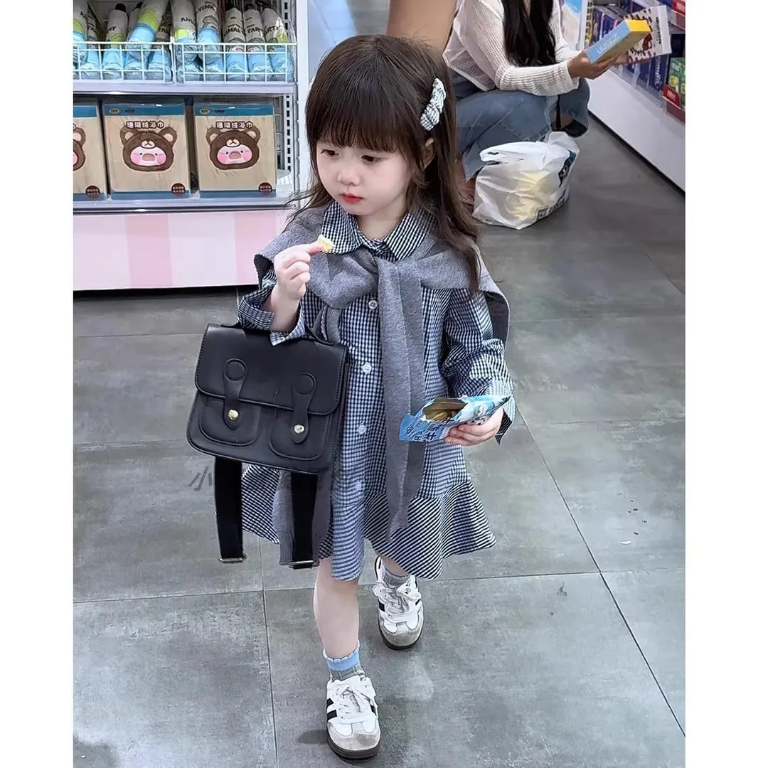 

Girls' Shirt Dress Set Spring and Autumn New Style Children's College Style Shawl+Paid Dress 2-piece Set