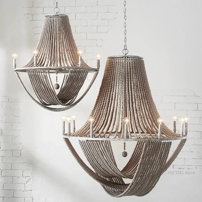 

GHEUVNJ French style countryside wooden bead pendant light with unique creativity and living room decoration branch sha