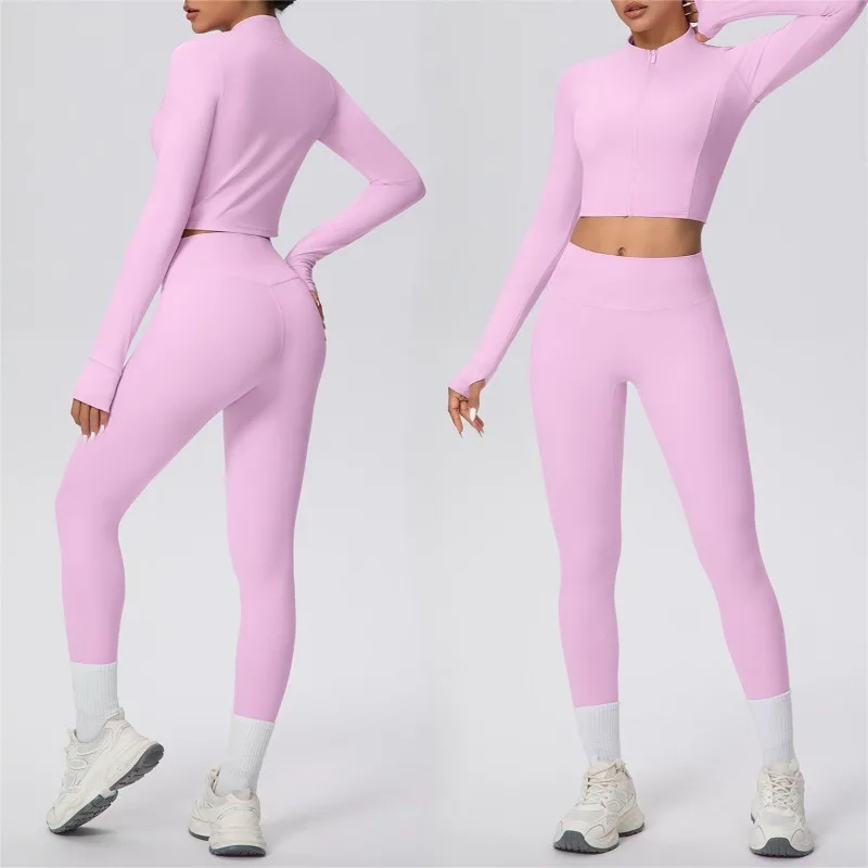 

Женская куртка для йоги, однотонная двусторонняя матовая короткая штана для йоги с длинными рукавами, облегающий комплект из двух предметов для бега и фитнеса