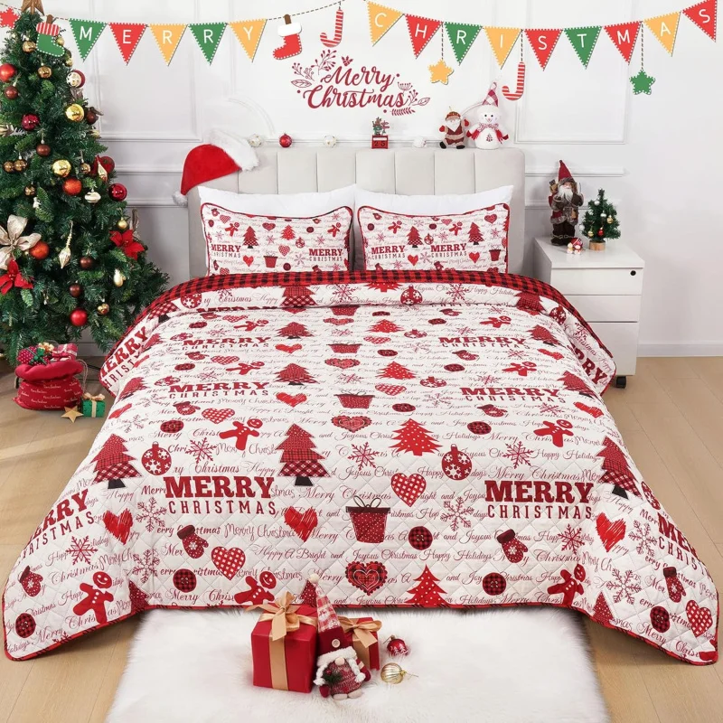 

Christmas 3-Piece Quilt Set Queen Size Holiday Lightweight Reversible Bedspread Coverlet Red Checked Merry Tree Bedding