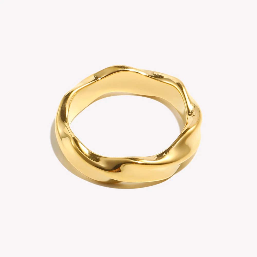 E.B.belle Minimalist Basic Waterwave Twist Gold Rings For Woman Stainless Steel 18K Gold Plated Waterproof Women Rings Jewelry