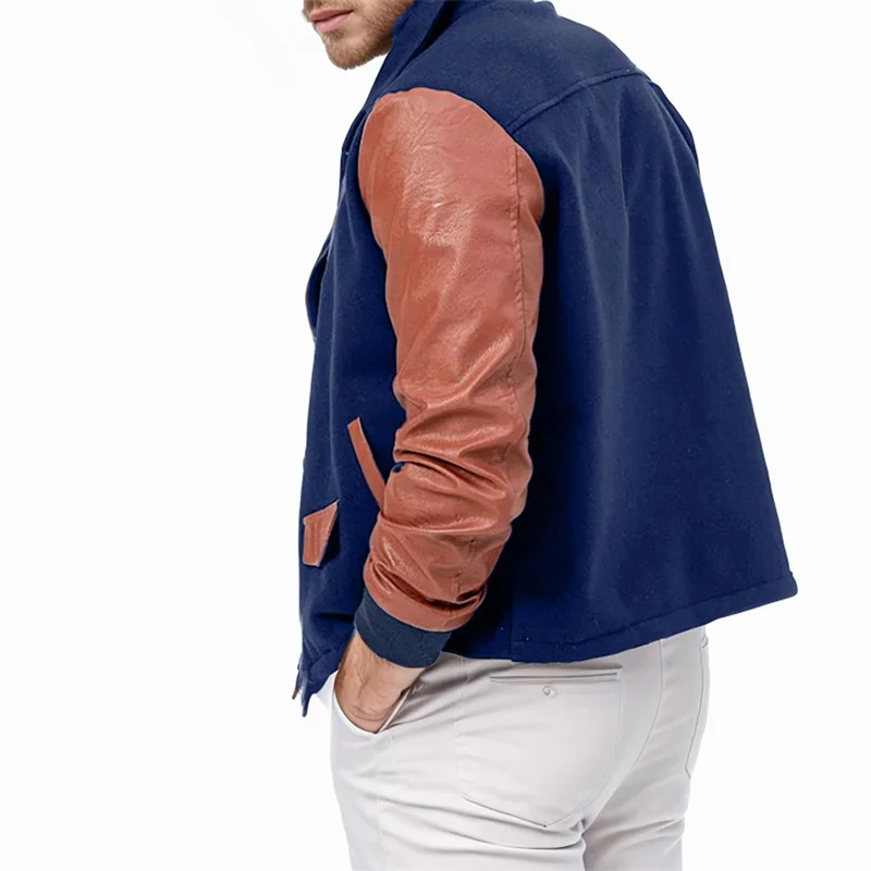 Men s Zip Up Patchwork Jacket Woolen Leather Long Sleeve Contrast Color Lapel Neck Casual Coat