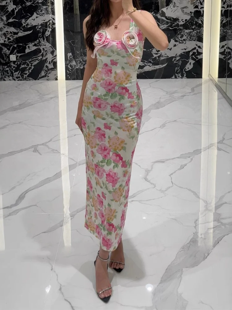 

Three-dimensional rose decorated long dress temperament fashion printing women's dresses 2025 Summer New