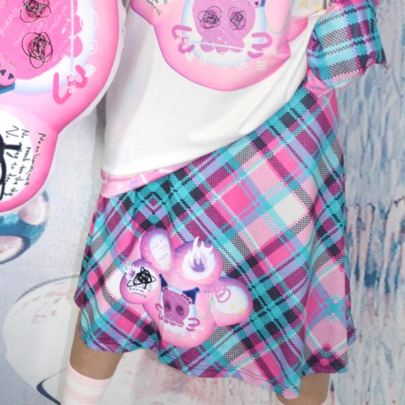 Original Design Y2k Childlike Fun Cute College Women's Skirt Japanese Graffiti Printing Loose Plaid Elastic Waist Skirts Ladies