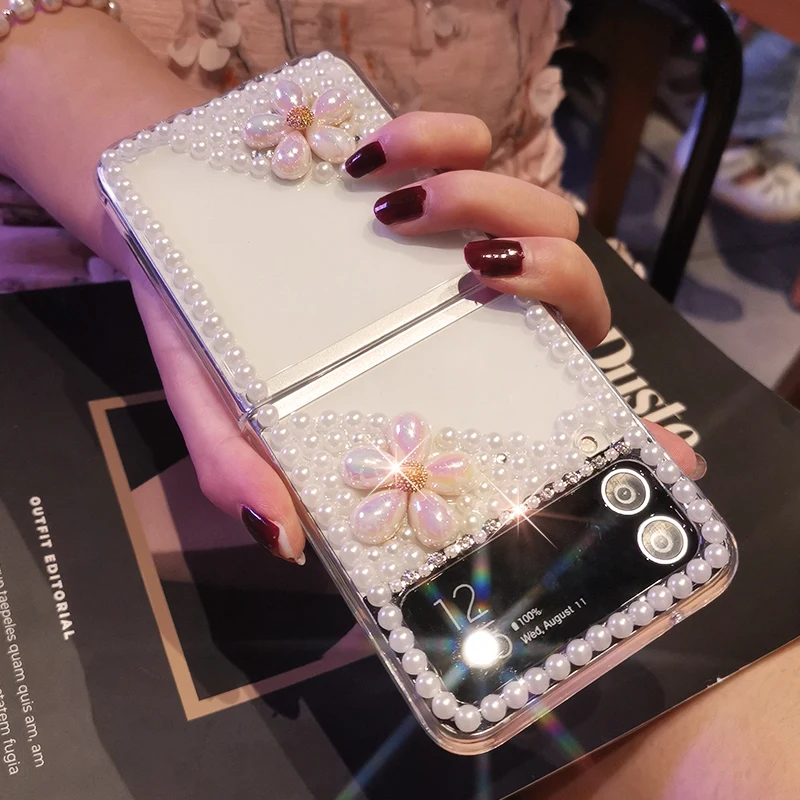 For Samsung Galaxy Z Flip 3 Diagonal Flower Pearl Edge Transparent Case Foldable Screen Phone Case Galaxy Z Flip 3 Foldable Case