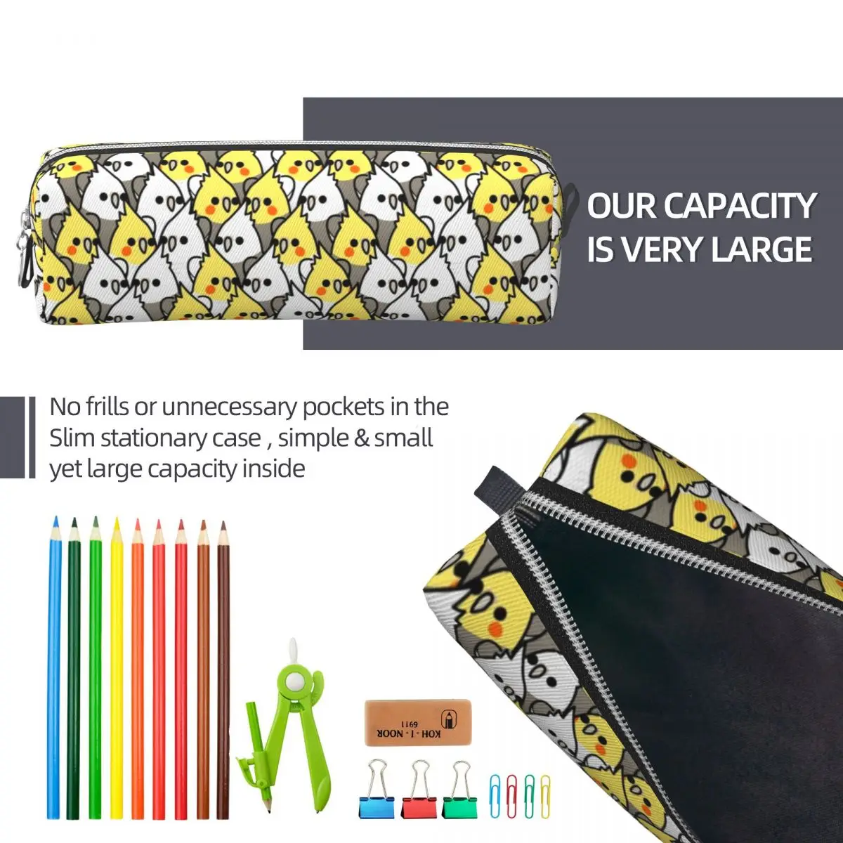 Cockatiel 앵무새 패턴 연필 케이스 학생을위한 동물 새 펜 상자 가방 대용량 학교 용품 화장품 연필 케이스