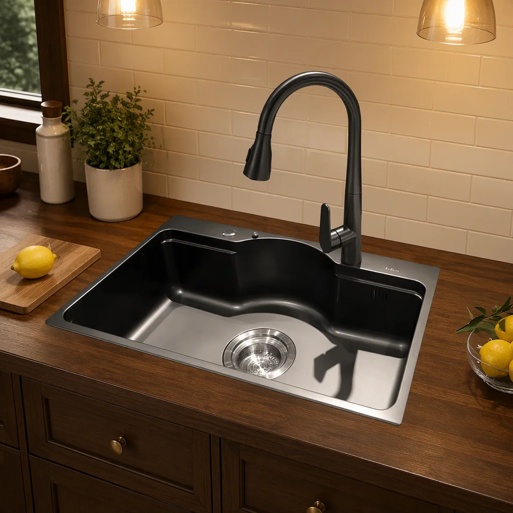 Factory Customizable Stainless Steel Single Bowl One Hole Kitchen Sink Faucet Set With Smart LED Waterfall Rainfall Style