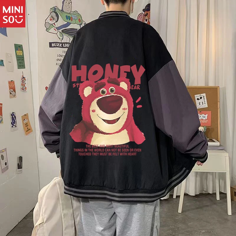 

Disney Strawberry Bear Jacket Men's Spring and Autumn Loose Handsome Hip Hop Jacket Trendy Versatile Baseball Uniform